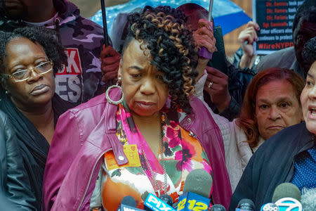 Gwen Carr, Eric Garner's mother speaks to the media during a break at the disciplinary trial of police officer Daniel Pantaleo in relation to the death of Eric Garner at 1 Police Plaza in the Manhattan borough of New York, New York, U.S., May 13, 2019. REUTERS/David 'Dee' Delgado