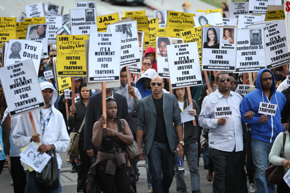 People in Los Angeles silently protest racial injustice and demand justice for Trayvon Martin. (Photo: David McNew/Getty Images)