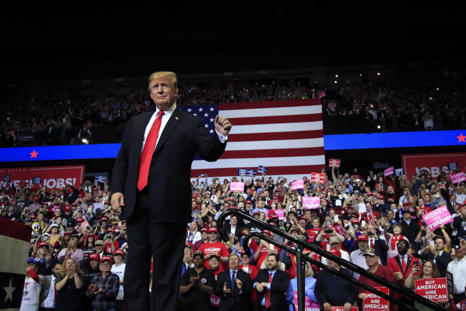 President Donald Trump arrives to speak at a rally in Grand Rapids, Mich., Thursday, March 28, 2019. (AP Photo/Manuel Balce Ceneta)