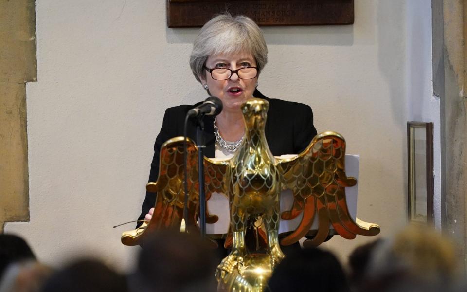 Former Prime Minister Theresa May speaks at the funeral of James Brokenshire at St John The Evangelist church in Bexley - Stefan Rousseau/PA Wire