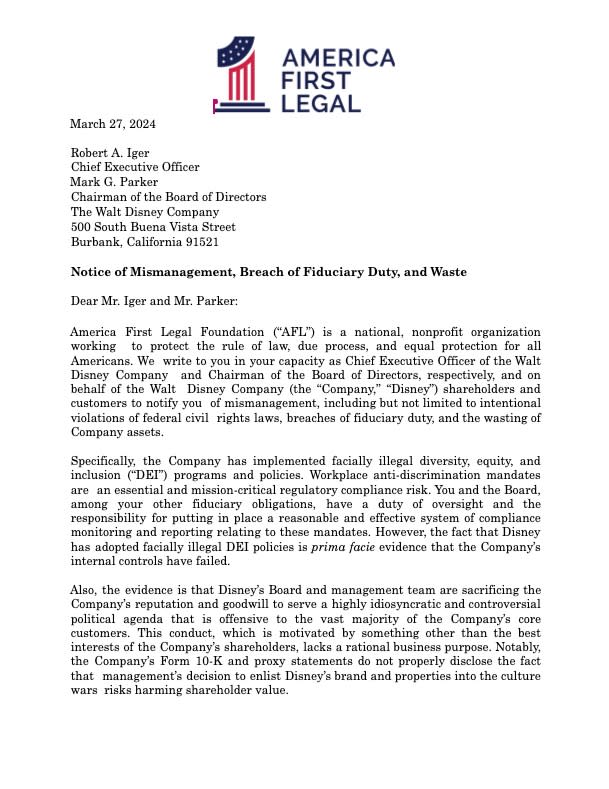 AFL’s letter was The 50-page letter was penned by former US Department of Justice member and AFL’s senior vice president Reed Rubinstein. It was sent to Disney CEO Bob Iger and chairman Mark Parker. America First Legal Foundation