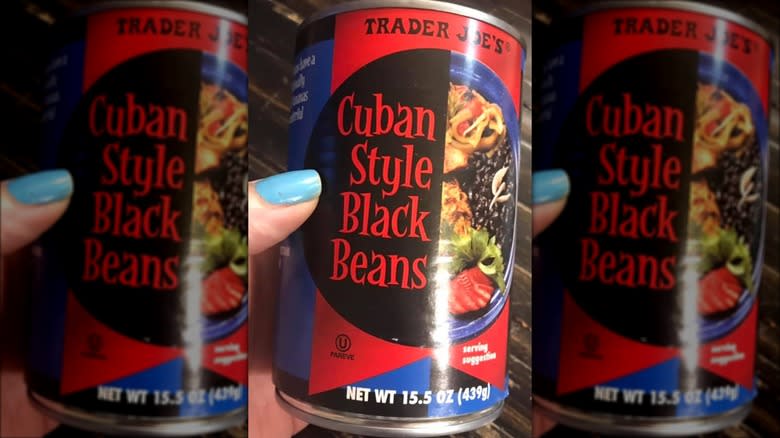 hand holding Trader Joe's Cuban Style Black Beans