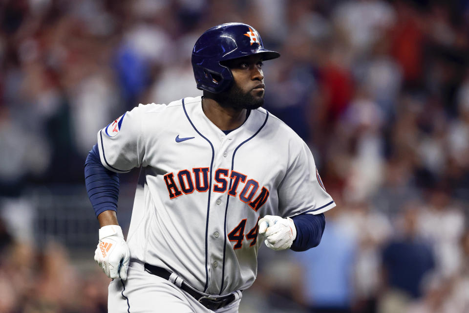 Houston Astros' Yordan Alvarez runs the bases after hitting a two run home run during the ninth inning of a baseball game against the Atlanta Braves, Friday, April 21, 2023, in Atlanta. (AP Photo/Butch Dill)