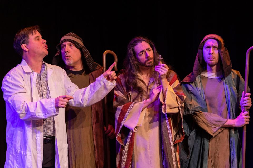 From left to right: Jimmy Mak, Tom Cardinal, JT Walker III and TJ Galamba perform in a sketch as part of Shadowbox Live's upcoming production "Holiday Hoopla."