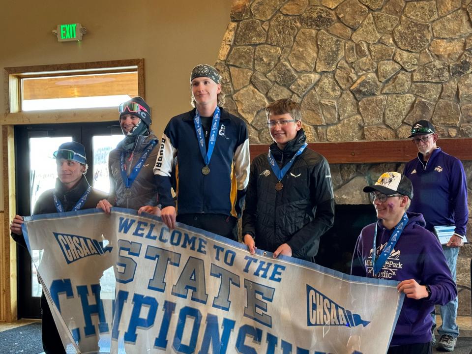 Cade Shortridge (top middle) stands atop the podium after winning the 5-kilometer skate state title at the Colorado state Nordic ski championships on Thursday at YMCA of the Rockies Snow Mountain Ranch in Granby.