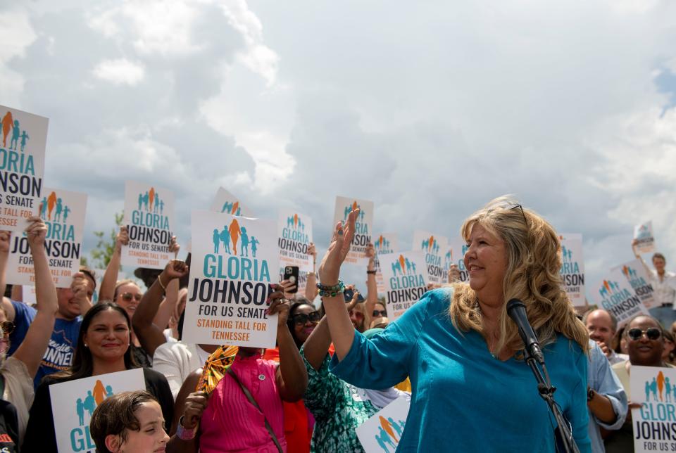 Rep. Gloria Johnson, D- Knoxville, looks to her supporters gathered behind her before announcing her campaign for U.S. Senate in 2024 at the Tennessee Woman Suffrage Monument Centennial Park in Nashville, Tenn., Tuesday, Sept. 5, 2023.