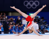 <p>Takeru Kitazono of Japan competes in the floor exercise during the July 26 men's gymnastics team final. </p>