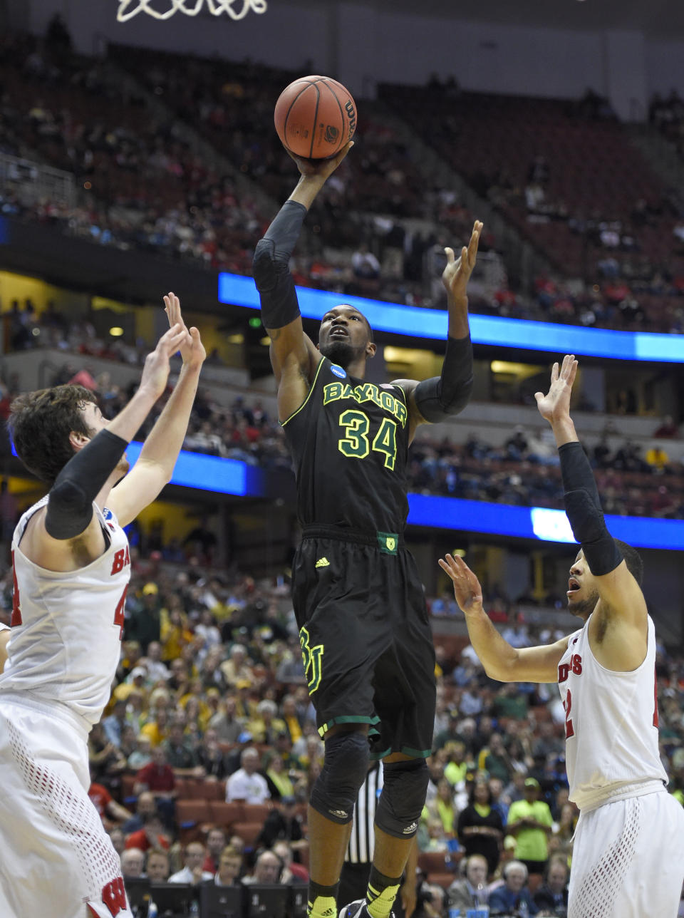 Baylor forward Cory Jefferson (34) shoots against Wisconsin during a regional semifinal NCAA college basketball tournament game, Thursday, March 27, 2014, in Anaheim, Calif. (AP Photo/Mark J. Terrill)