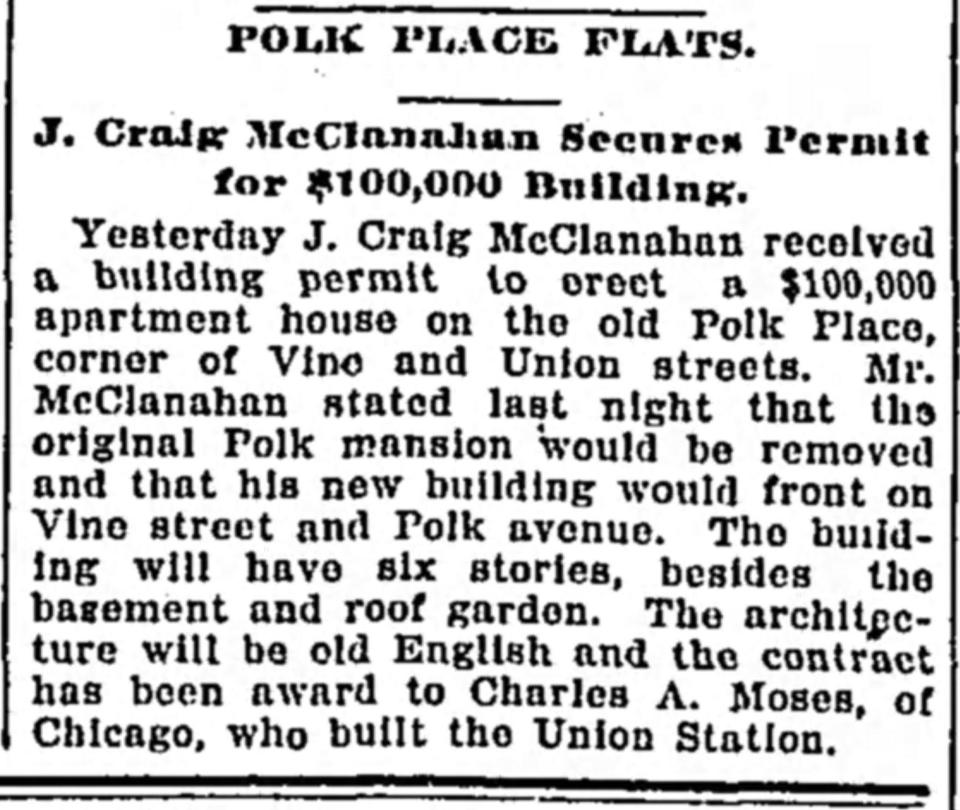 An article from Page 12 of November 3, 1900, Nashville American about the tearing down of the Polk Place Mansion.