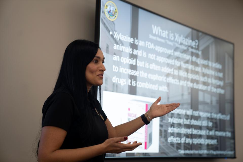 Nov 22, 2023; Paramus, NJ, USA; Lt. Jennifer Rueda, of the Bergen County Prosecutor’s Office Narcotic Task Force, talks about the dangers of fake pills at the BCPO in Paramus.