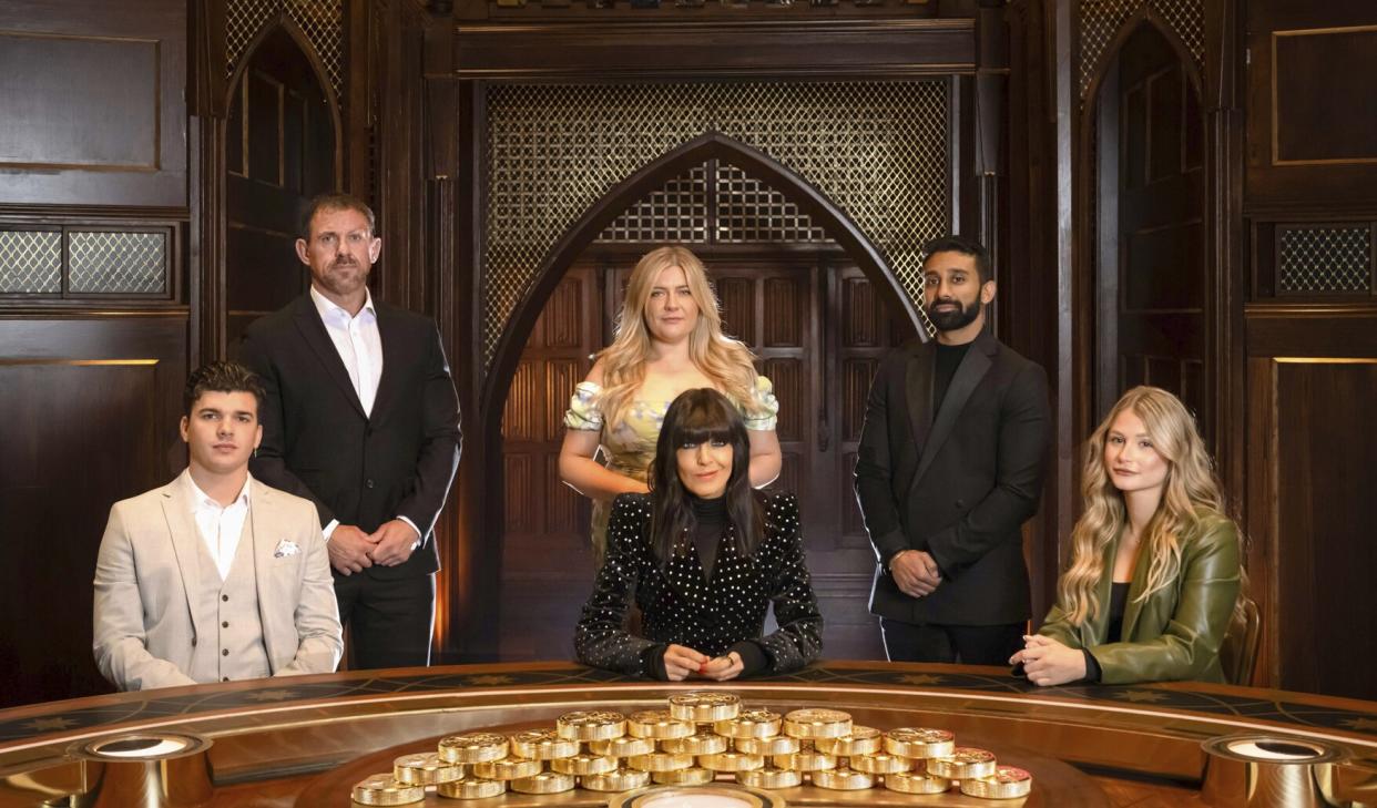 Harry, Andrew, Evie, Claudia Winkleman, Jaz, Mollie  - The Traitors S2 finalists. (BBC)