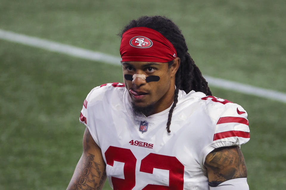 FILE - San Francisco 49ers cornerback Jason Verrett (22) walks off the field following an NFL football game against the New England Patriots in Foxborough, Mass., in this Sunday, Oct. 25, 2020, file photo. The San Francisco 49ers are bringing back cornerback Jason Verrett on a one-year deal. General manager John Lynch announced the deal on Monday, March 15, 2021, shortly after Verrett was allowed to begin talking to other teams about a potential deal. NFL Network reported the contract has a $5.5 million base value with the chance to make more. (AP Photo/Stew Milne)