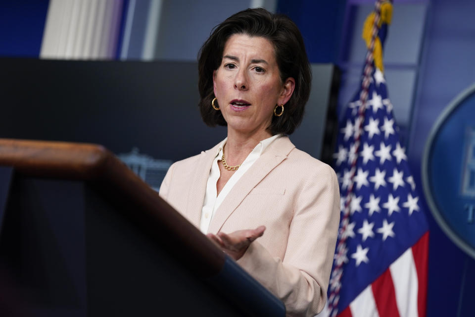 FILE - In this April 7, 2021, file photo Commerce Secretary Gina Raimondo speaks during a press briefing at the White House in Washington. Raimondo estimates she has talked to more than 50 business leaders about the $2.3 trillion infrastructure package that includes corporate tax increases, She is encouraging companies to focus on the entire package instead of the tax increases. (AP Photo/Evan Vucci, File)