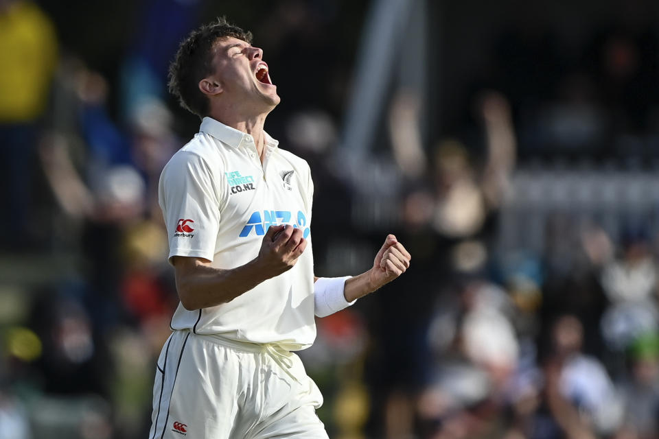 New Zealand's Ben Sears celebrates after dismissing Australia's Marnus Labuschagne on day three of the second cricket test between New Zealand and Australia in Christchurch, New Zealand, Sunday, March 10, 2024. (John Davidson/Photosport via AP)