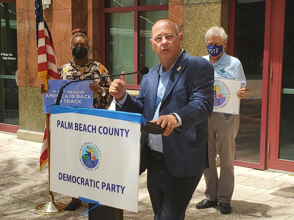 Fred Guttenberg, whose daughter, Jaime, was murdered on Feb. 14, 2018 in the Parkland massacre speaks out in support of gun safety at a rally in West Palm Beach in 2021.