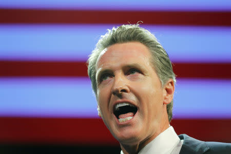 FILE PHOTO: California Democratic gubernatorial candidate Gavin Newsom speaks after being elected governor of the state during an election night party in Los Angeles, California, U.S. November 6, 2018. REUTERS/Mike Blake/File Photo