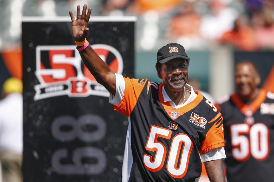 FILE - Former Cincinnati Bengals cornerback Ken Riley waves to the crowd during a halftime 50th anniversary ceremony of an NFL football game against the Baltimore Ravens, in Cincinnati, Sept. 10, 2017. Super Bowl MVP Chuck Howley and All-Pro defenders Joe Klecko and Ken Riley are finalists for the Pro Football Hall of Fame’s class of 2023. The defenders who starred in the 1960s, 70s and 80s were announced Wednesday, Aug. 17, 2022, as the three senior candidates for next year's Hall of Fame class from a list of 12 semifinalists. (AP Photo/Gary Landers, File)