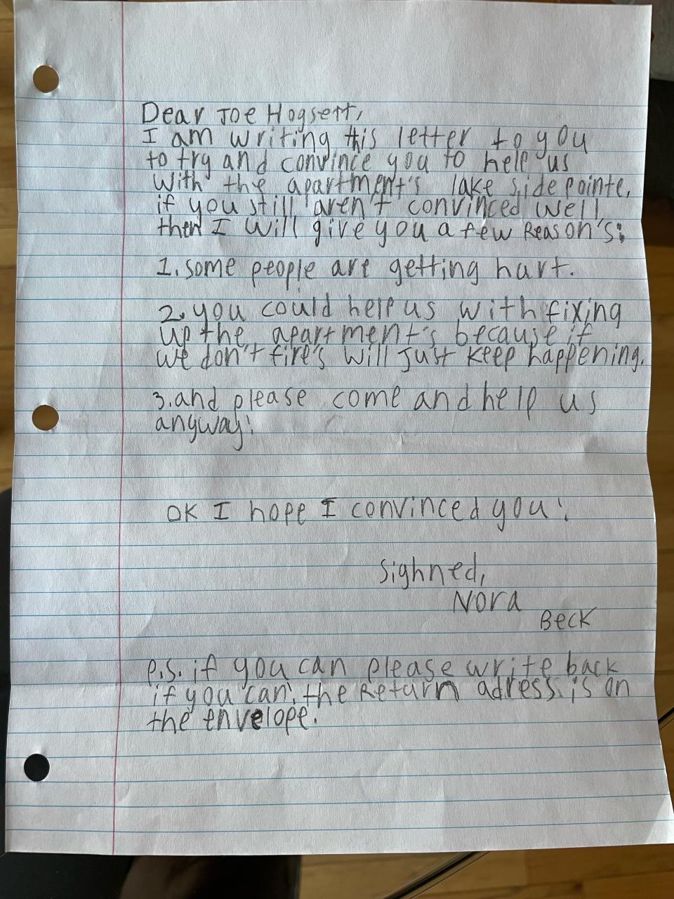 Eight-year-old Nora Beck penned a letter begging Mayor Joe Hogsett to help residents at Lakeside Pointe apartment complex, who have seen multiple fires and severe housing violations in the past three years.