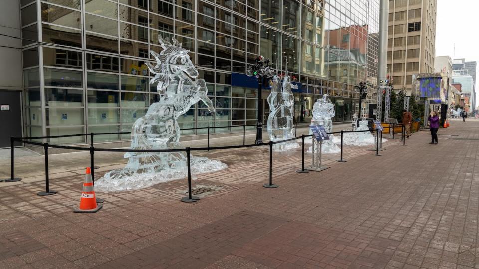A display of this year's Winterlude ice sculptures on Spark's Street in downtown Ottawa. Festival organizers have staggered the building of sculptures across all three weekends of the festival to ensure visitors on any weekend can see them. 