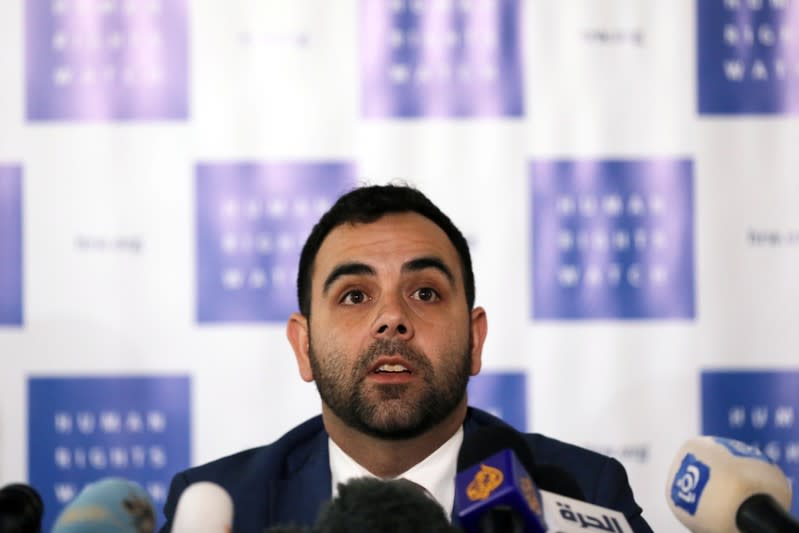 Omar Shakir, a U.S. citizen representing New York-based Human Rights Watch (HRW) in Israel and the Palestinian territories, speaks during a news conference in Jerusalem