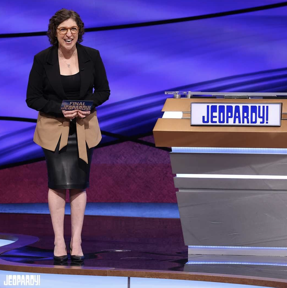 Mayim Bialik hosts Jeopardy! in neutral colors. (Instagram)