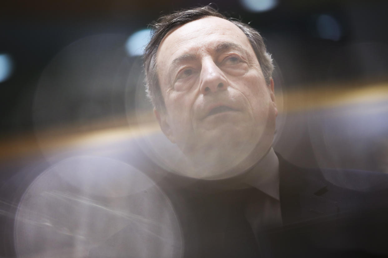 European Central Bank President Mario Draghi arrives to a meeting of Eurogroup Finance Ministers at the European Council headquarters in Brussels, Monday, Feb. 11, 2019. (AP Photo/Francisco Seco)