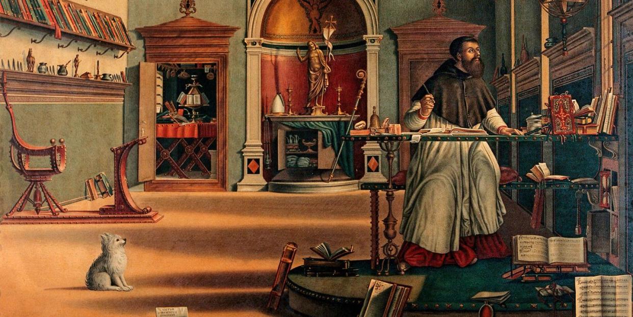 saturated detailed renaissanceesque painting of a monk at a desk with a quill in his hand and a small dog looking at him
