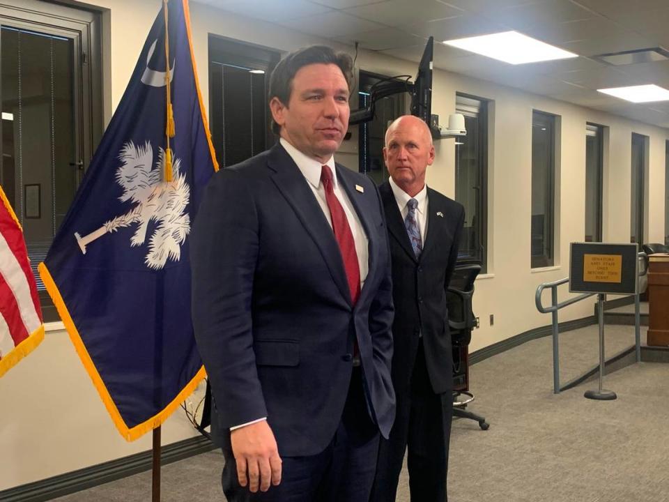 Florida Gov. Ron DeSantis speaks at in the Gressette office building in Columbia, S.C. alongside state Sen. Rex Rice, R-Pickens, on Tuesday, Feb. 20, 2024.