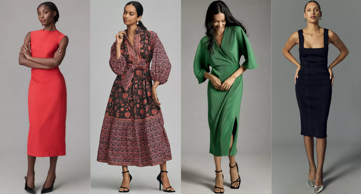 anthropologie models wearing red sleeveless dress, floral long sleeve maxi dress, green wrap dress with sleeves, black knee-length sweater dress, best fall dresses anthropologie