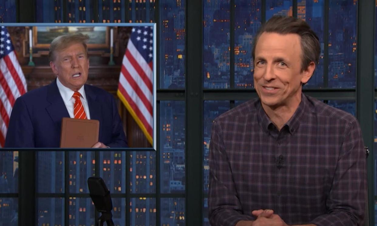 <span>Seth Meyers: ‘Trump’s campaign isn’t in any way a real political campaign, it’s a money-making venture in an attempt to get out of jail.’</span><span>Photograph: YouTube</span>