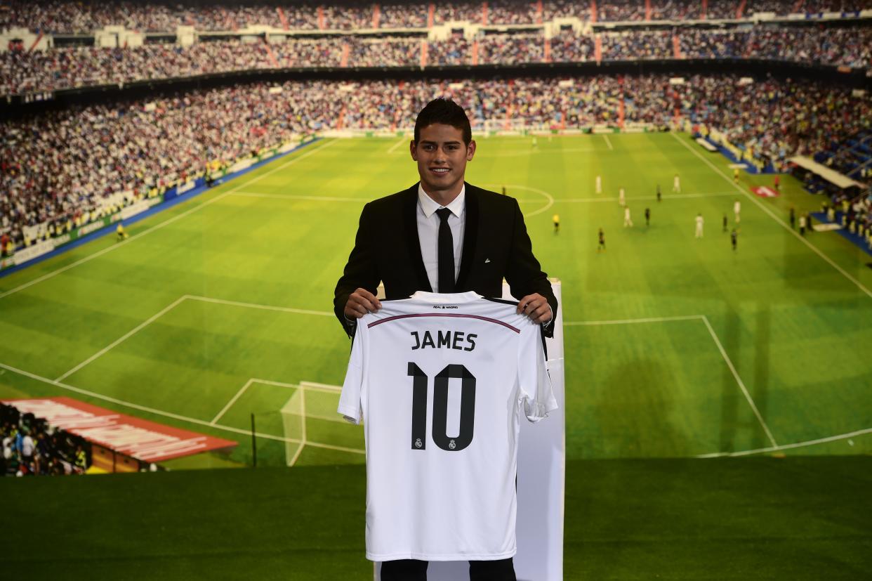 James Rodríguez en su presentación con el Real Madrid en 2014. Foto: Getty Images.