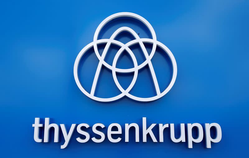 FILE PHOTO: Thyssenkrupp's logo is seen close to the elevator test tower in Rottweil