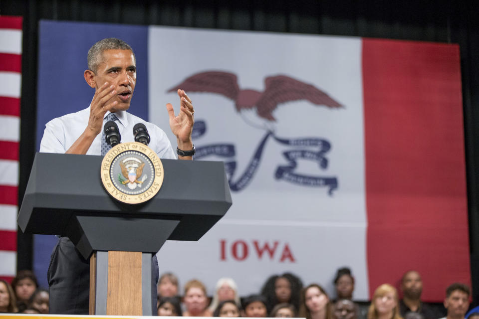 File - In this Sept. 14, 2015, file photo, President Barack Obama, speaks at a town hall with high school juniors, seniors and their parents at North High School in Des Moines. Few states have changed politically with the head-snapping speed of Iowa. (AP Photo/Andrew Harnik, File)