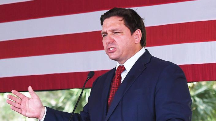 Gov. Ron DeSantis speaks to supporters at a campaign stop on the Keep Florida Free Tour at the Horsepower Ranch in Geneva, Florida, on Aug. 24, 2022. <span class="copyright">Paul Hennessy/SOPA Images/LightRocket via Getty Images</span>