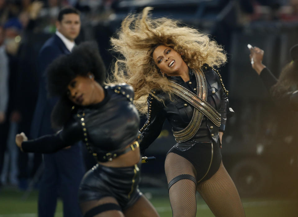 FILE - Beyonce performs during halftime of the NFL Super Bowl 50 football game in Santa Clara, Calif., Sunday, Feb. 7, 2016. When the Super Bowl halftime show was born, high school and college marching bands took center field. But over the years, the intermission during the NFL’s championship game has turned into one of sports’ biggest spectacles with superstar performances. (AP Photo/Matt Slocum, File)