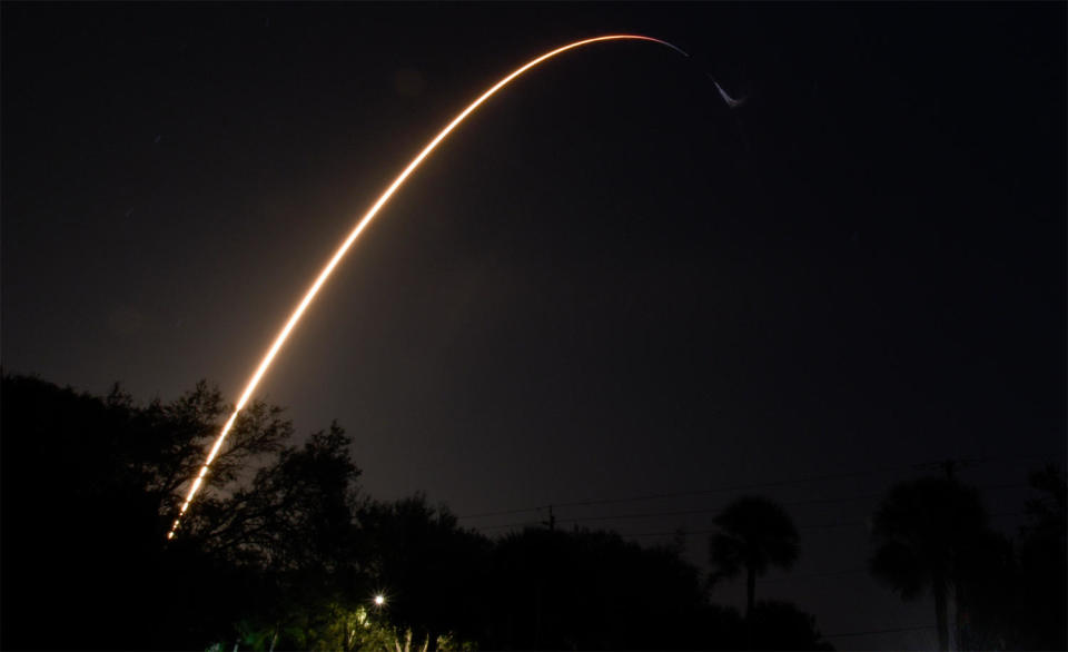 Putting on a spectacular overnight show, a SpaceX Falcon 9 rocket streaked into space early Sunday, sending a Japanese robotic lander and a small NASA orbiter on their way to the moon. The launching came on the 50th anniversary of the final Apollo moon landing in 1972. / Credit: William Harwood/CBS News