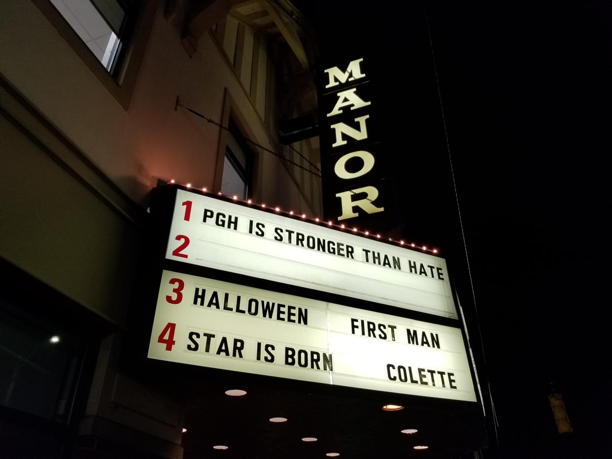 The marquee of the Manor Theatre a few blocks from the Tree of Life synagogue. (Photo: Christopher Wilson/Yahoo News)