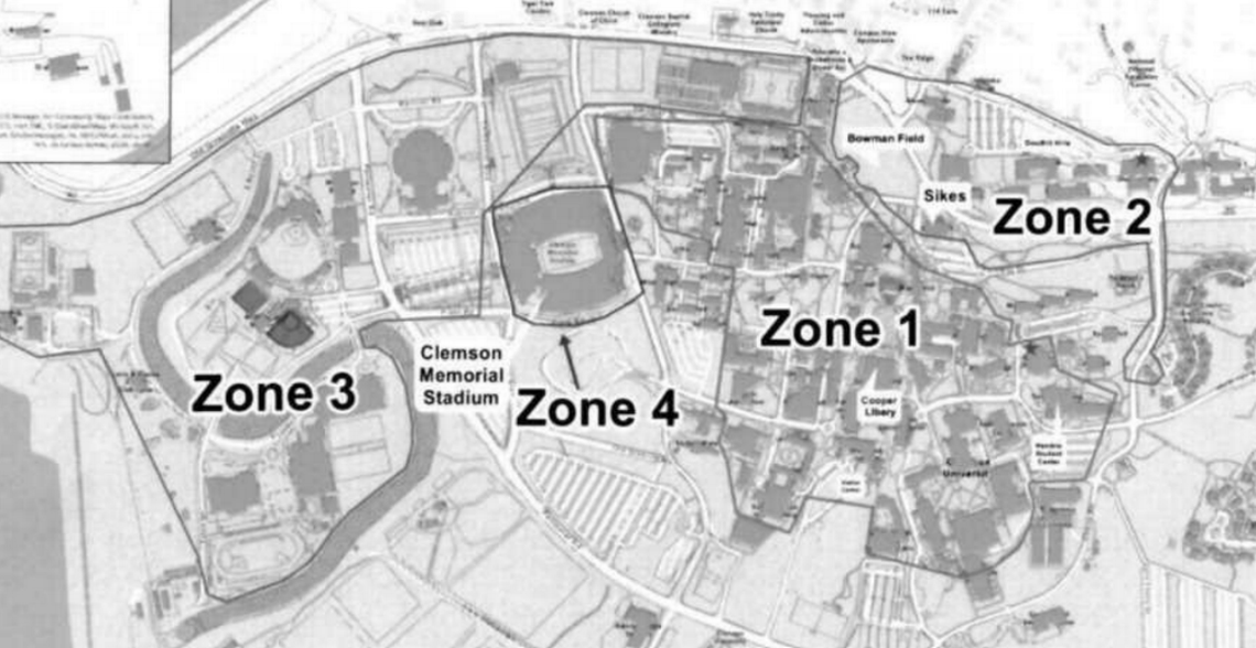 This map, provided by Clemson University in its applications for permanent alcoholic beverage licenses to the state Department of Revenue, shows the four different “zones” where the university (which remains a dry campus) has requested permanent licenses to comply with new state guidance. Zone 4 exclusively refers to the football stadium; Zone 3 includes 19 other athletics venues.