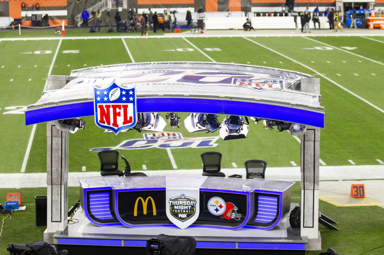 Nov 14, 2019; Cleveland, OH, USA; The Fox Sports Thursday Night Football television set is seen on the sidelines before a game between the Cleveland Browns and the Pittsburgh Steelers at FirstEnergy Stadium. Mandatory Credit: Scott R. Galvin-USA TODAY Sports