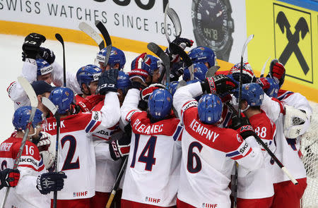 Ice Hockey - 2016 IIHF World Championship - Group A - Russia v Czech Republic - Moscow, Russia - 6/5/16 - Czech Republic's players celebrate victory. REUTERS/Grigory Dukor