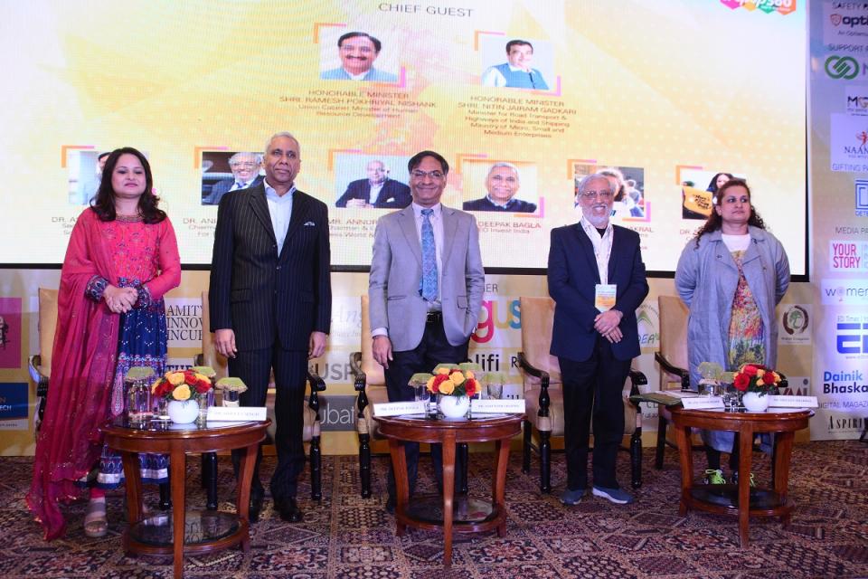 L to R: Shweta Singh, Deepak Bagla, Ashutosh Sharma, Anil Sahasrabude, and Shelley Thakral at the National Summit on Women and Education Empowerment in New Delhi on Friday. 