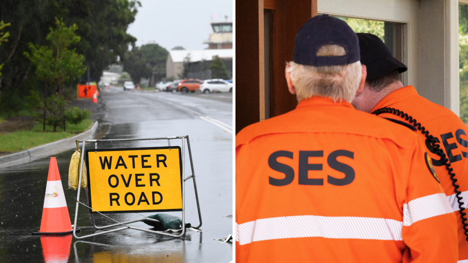 Flooded road in NSW and NSW SES workers 