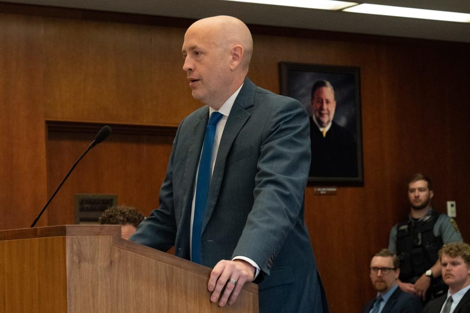 Prosecutor Keith Henderson calls upon witness Kristi Mendez to give testimony during Monday's preliminary hearing for murder defendant Eric Perkins at the Shawnee County Courthouse.