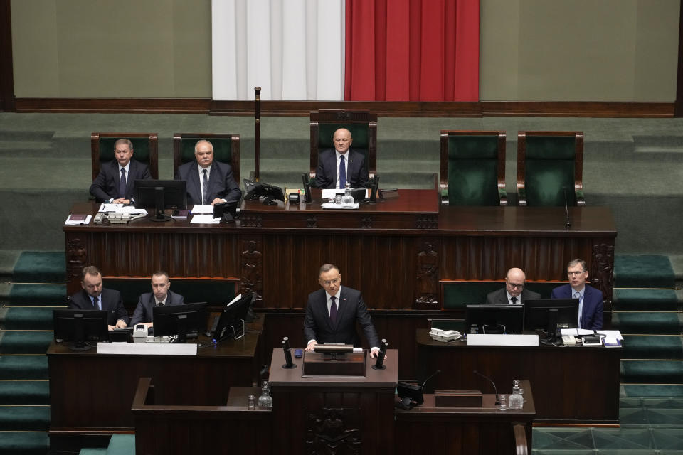 Poland's President Andrzej Duda speaks during the first session of the lower house, or Sejm, of the newly-elected parliament in Warsaw, Poland, Monday Nov. 13, 2023. The Polish parliament gathered for the first time Monday after an election last month heralded a change of course for the Central European nation at a time of war across the border in Ukraine. (AP Photo/Czarek Sokolowski)