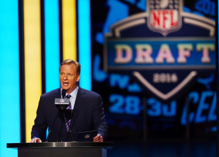 Apr 28, 2016; Chicago, IL, USA; NFL commissioner Roger Goodell announces the number one overall pick in the first round of the 2016 NFL Draft at Auditorium Theatre. Mandatory Credit: Jerry Lai-USA TODAY Sports