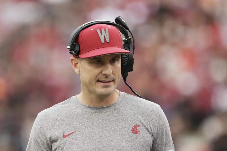 Washington State head coach Jake Dickert walks on the field during a break in play in the first half of an NCAA college football game against Oregon State, Saturday, Sept. 23, 2023, in Pullman, Wash. (AP Photo/Young Kwak)