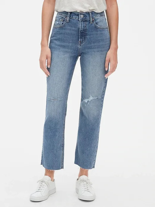 High Rise Cheeky Straight Jeans with Distressed Detail