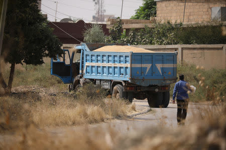 A man walks near a truck loaded with wheat grains in Qamishli, Syria September 18, 2017. REUTERS/Rodi Said/Files