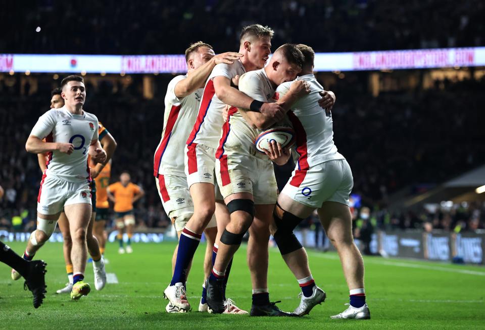 England celebrate Jamie Blamire’s last-minute score (Getty Images)