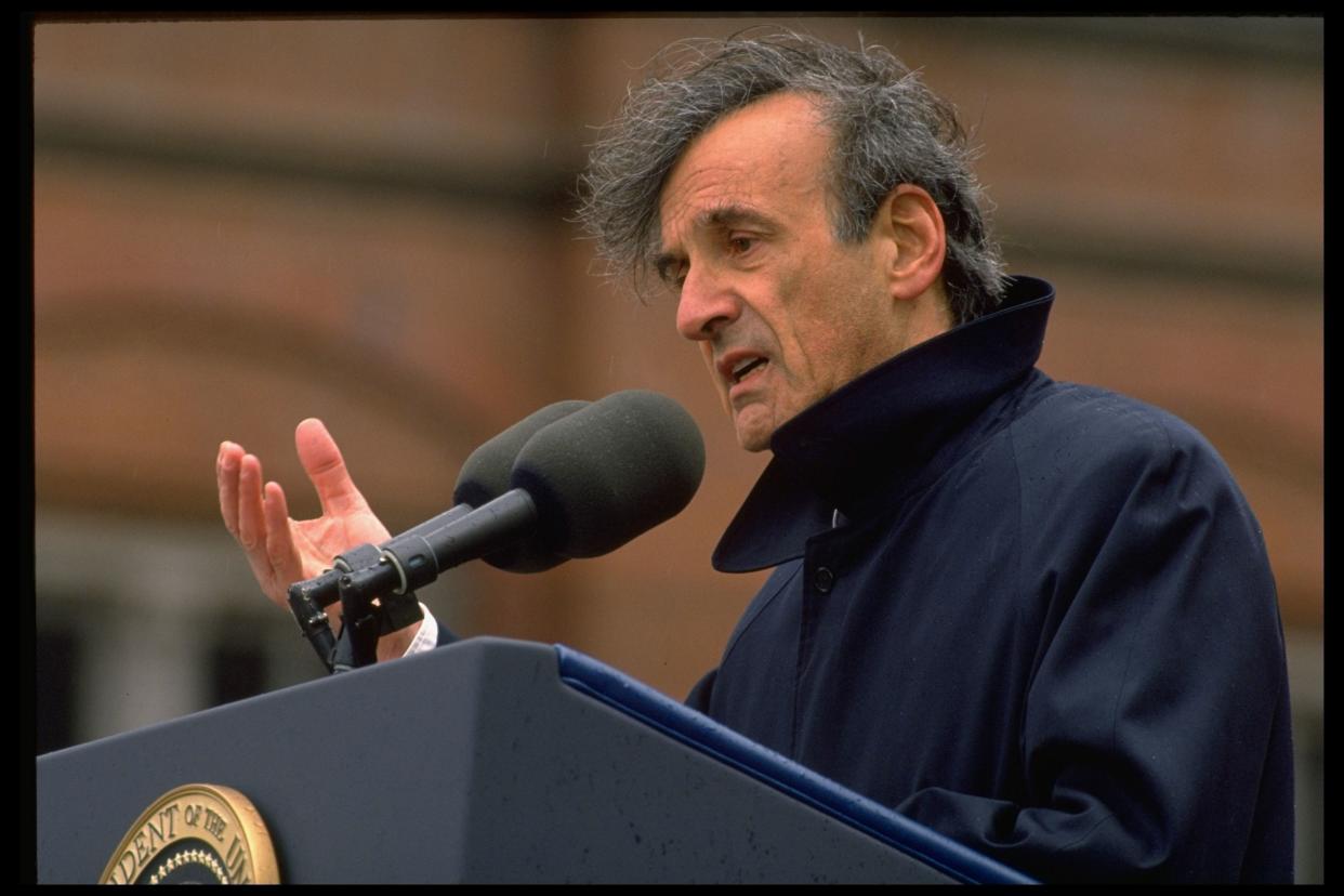 Jewish activist author, Holocaust survivor Elie Wiesel addressing Holocaust Memorial Museum dedication ceremony.